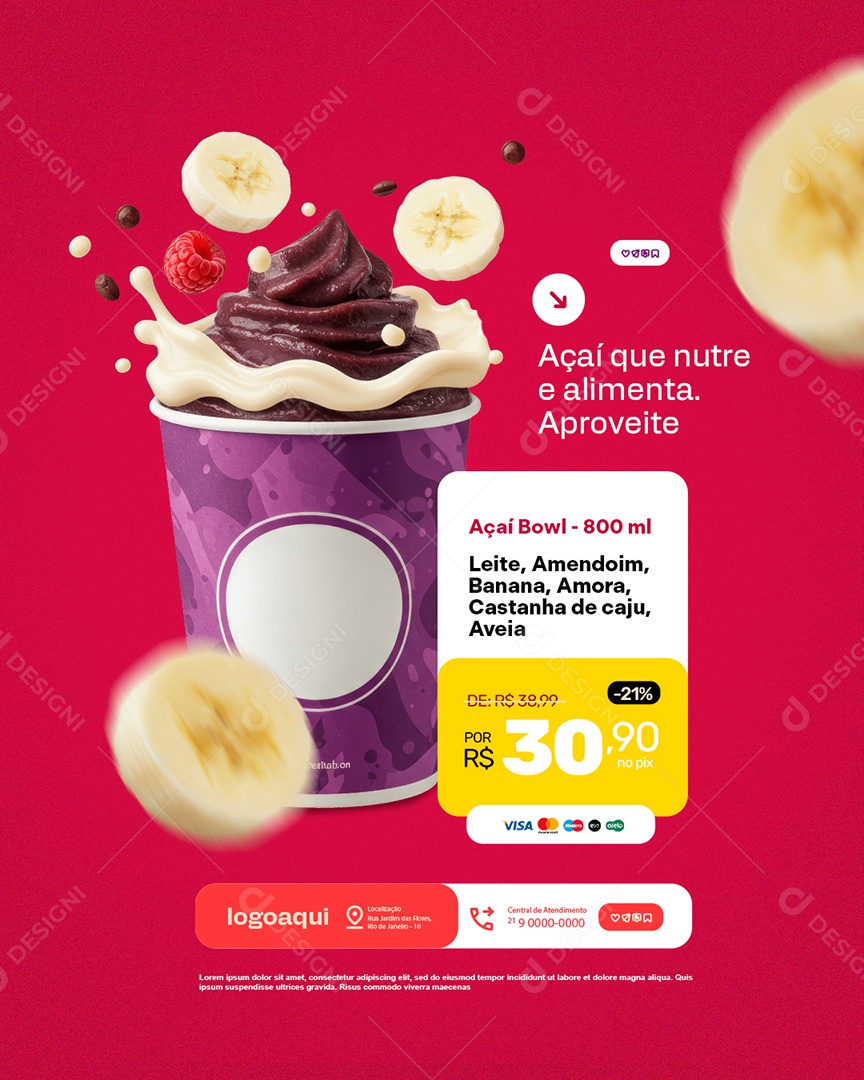 Açaiteria Açaí Que Nutre e Alimenta Aproveite Social Media PSD Editável