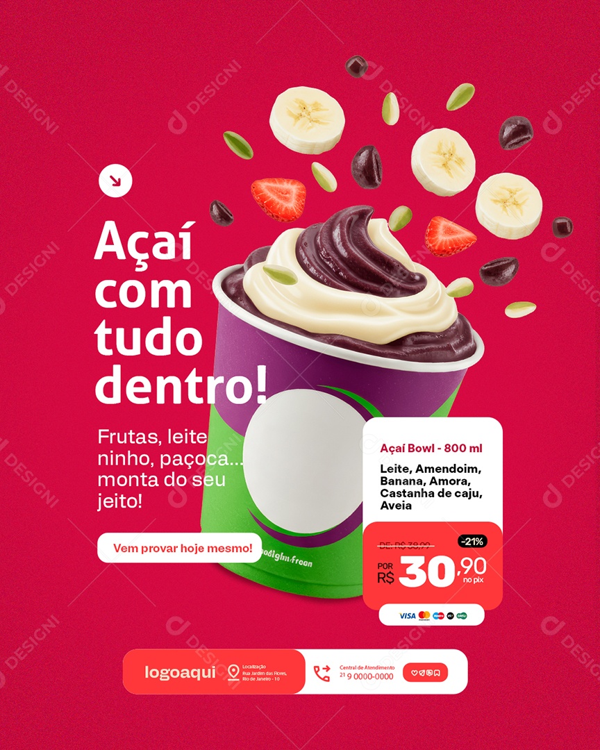 Açaiteria Açaí com Tudo Dentro Social Media PSD Editável
