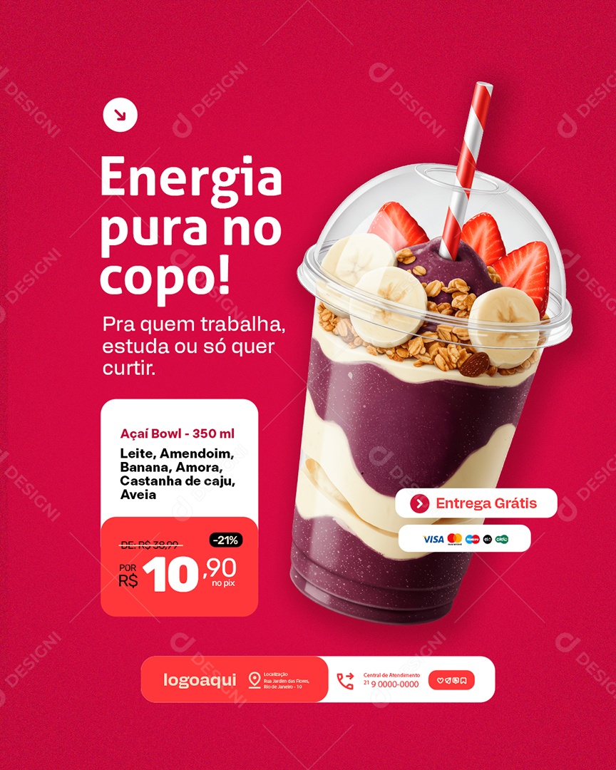 Açaiteria Energia Pura no Copo Social Media PSD Editável