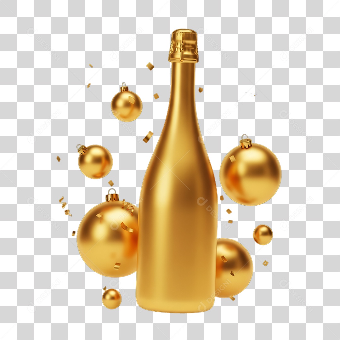 Elemento 3D Garrafa e Bolas Douradas Decoração de Ano Novo PNG Transparente