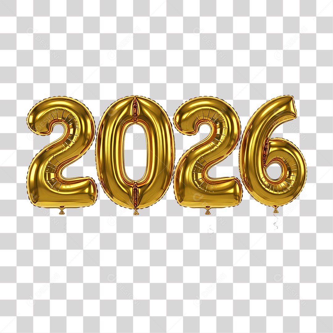 Elemento 3D Balões Dourados 2026 Decoração de Ano Novo PNG Transparente
