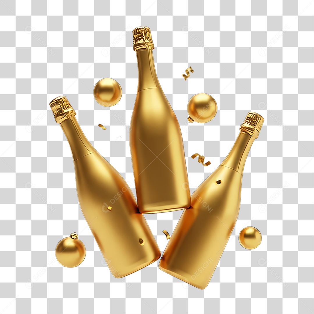 Elemento 3D Garrafas Douradas Decoração de Ano Novo PNG Transparente