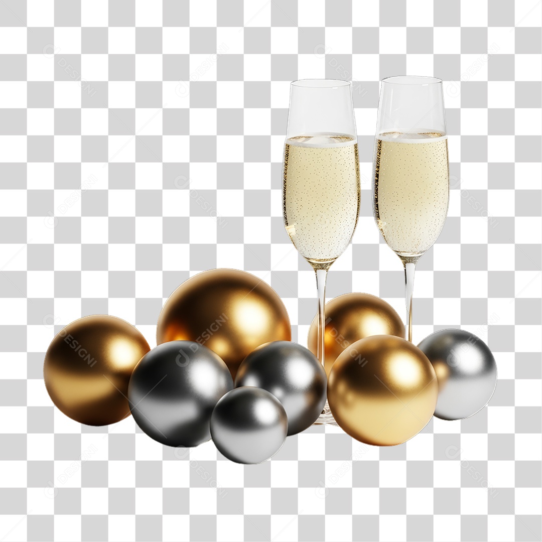 Elemento 3D Taças e Bolas Decoração de Ano Novo PNG Transparente