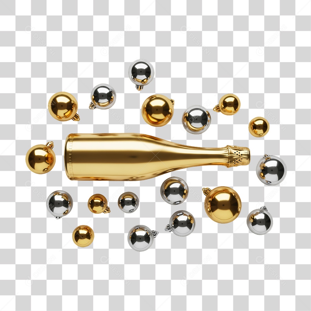 Elemento 3D Garrafa e Bolas Decoração de Ano Novo PNG Transparente