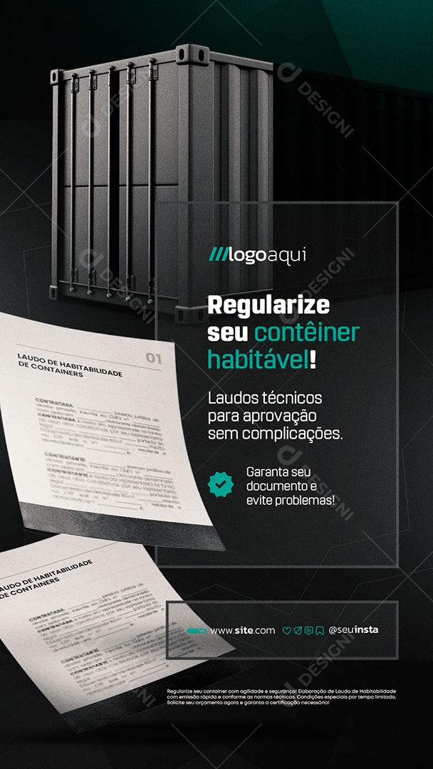 Story Laudo de Containers Regularize seu Contêiner Habitável Social Media PSD Editável