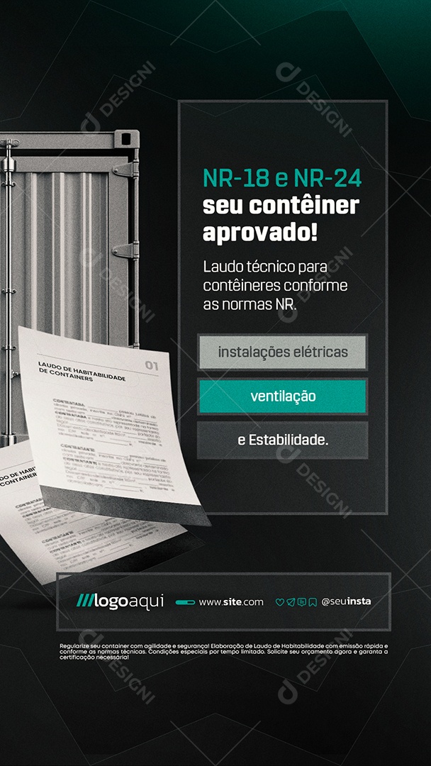 Story Laudo de Containers Seu Contêiner Aprovado Social Media PSD Editável