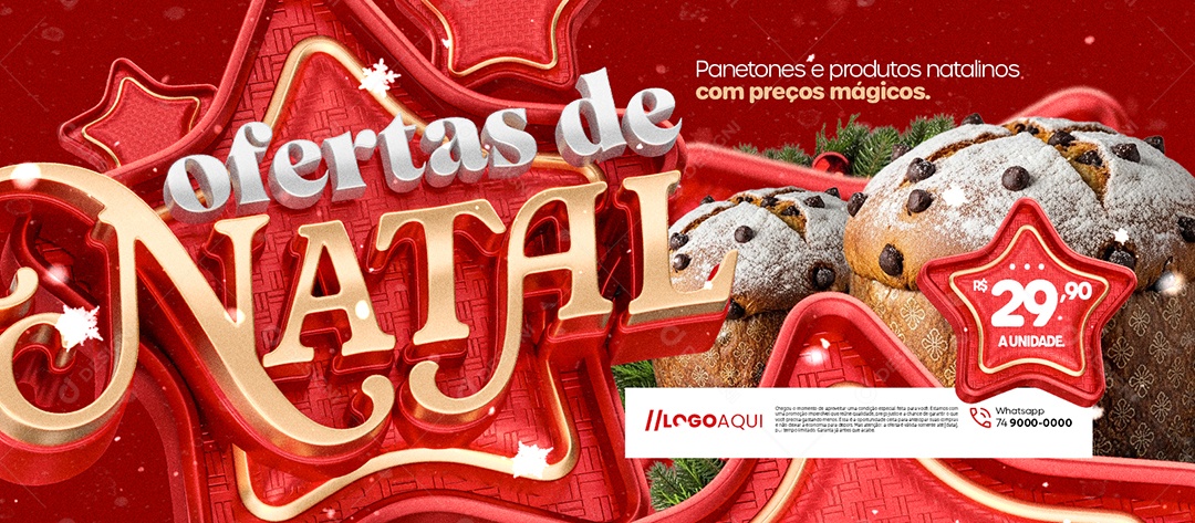 Banner Ofertas de Natal Supermercado Panetones e Produtos Natalinos Social Media PSD Editável