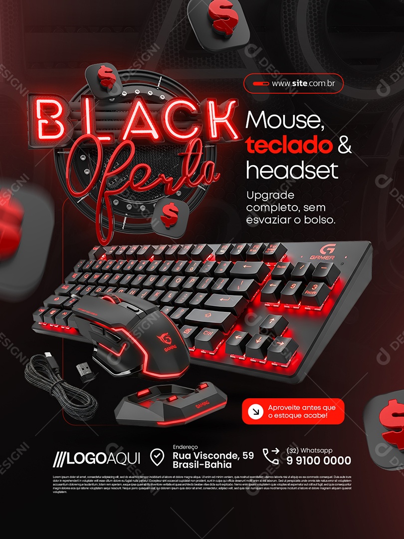 Loja de Informatica Black Oferta Mouse Teclado e Headset Social Media PSD Editável
