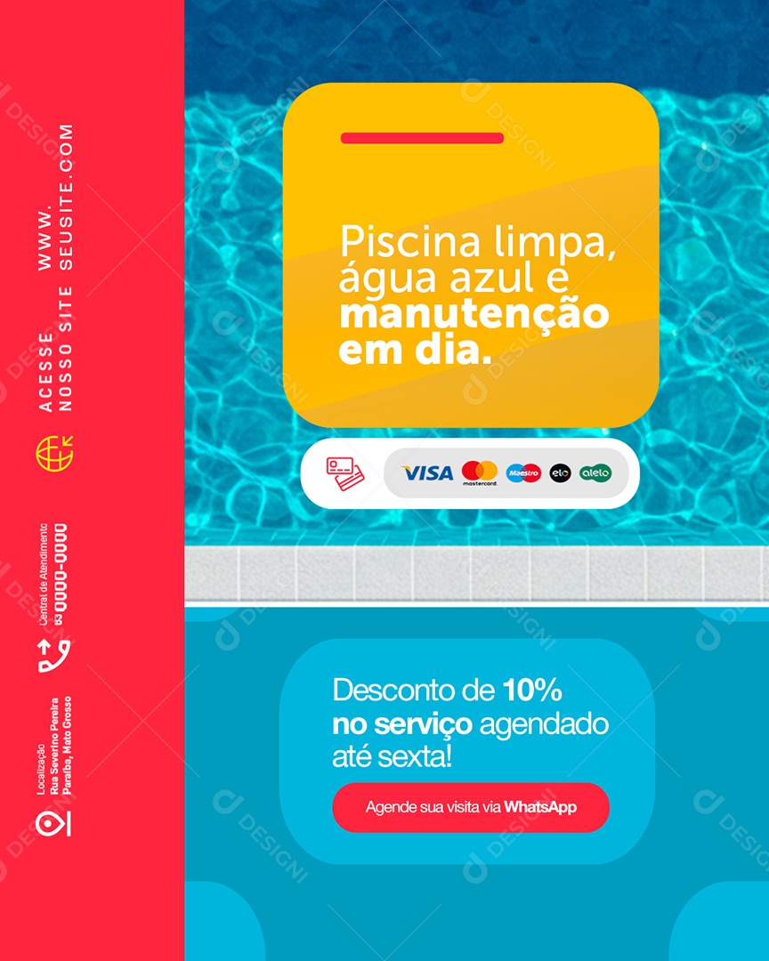 Piscinas Limpa Água Azul e Manutenção em Dia Social Media PSD Editável