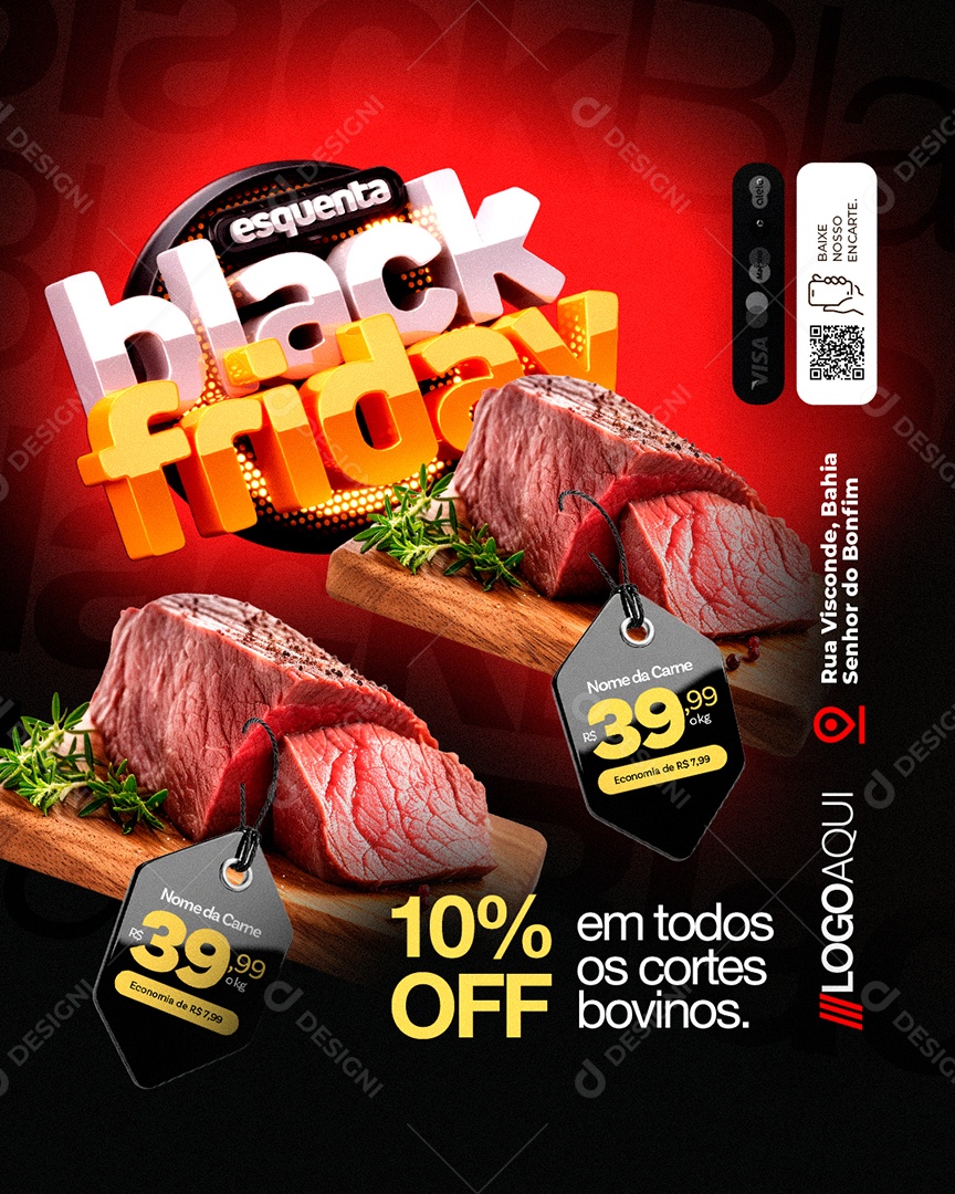 Açougue Esquenta Black Friday Carne 10% Off em Todos os Cortes Social Media PSD Editável
