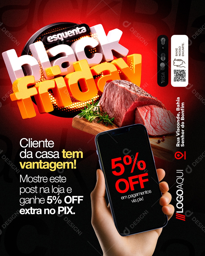 Açougue Esquenta Black Friday Cliente da Casa 5% Off Social Media PSD Editável