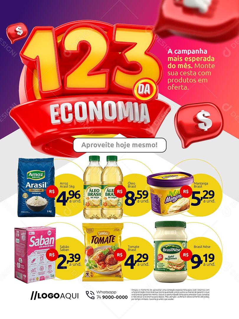 Supermercado 123 da Economia Encarte Aproveite Hoje Mesmo Social Media PSD Editável