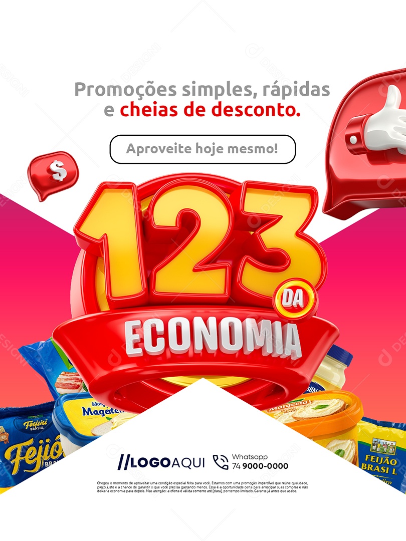 Supermercado 123 da Economia Promoções Simples Rápidas e Cheias de Desconto Social Media PSD Editável