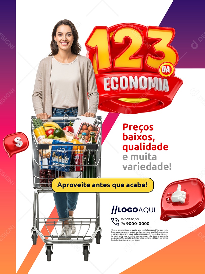 Supermercado 123 da Economia Preços Baixos Qualidade e Muita Variedade Social Media PSD Editável