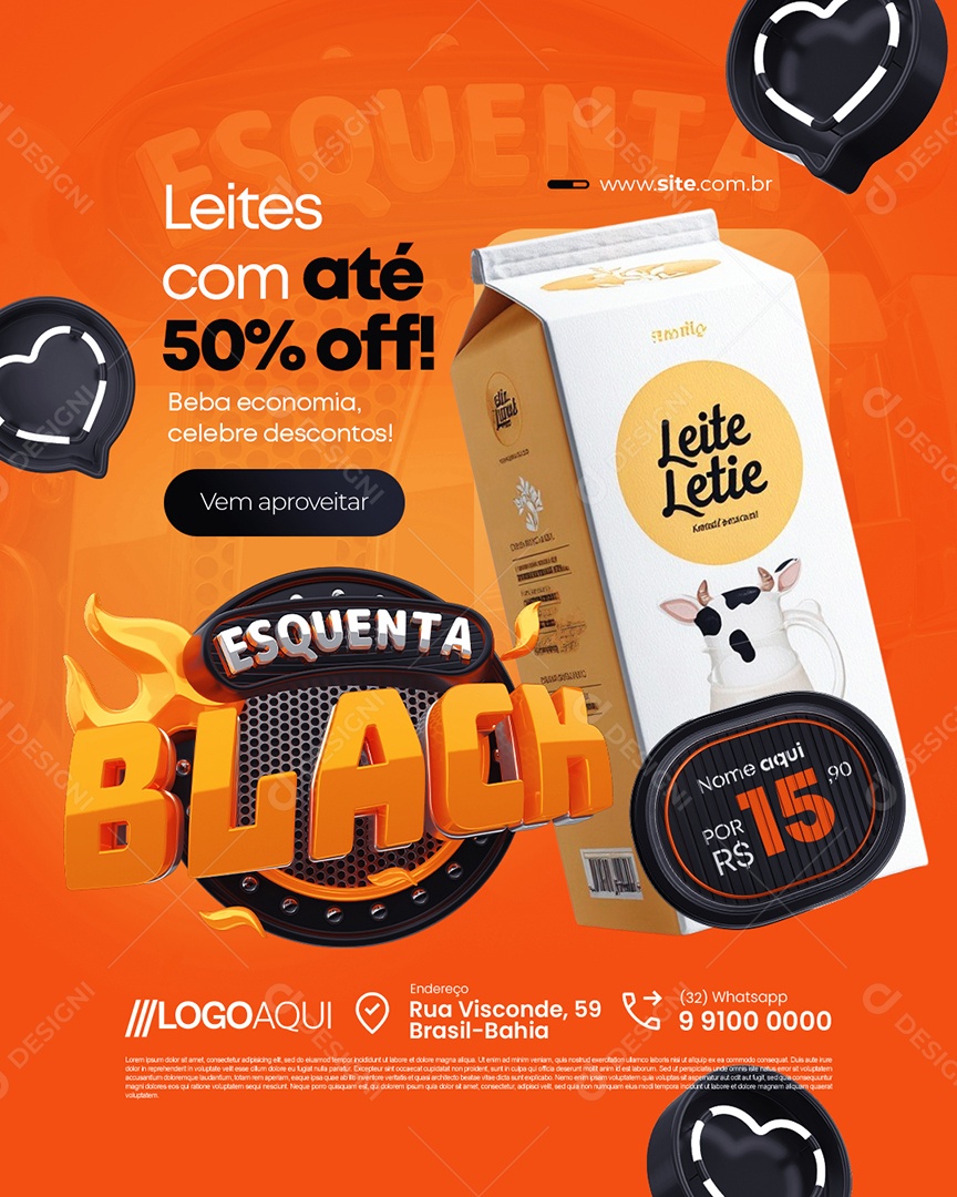Esquenta Black Supermercado Leites com Até 50% Off Social Media PSD Editável