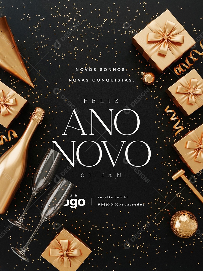 Feliz Ano Novo 01 de Janeiro Novos Sonhos Novas Conquistas Social Media PSD Editável
