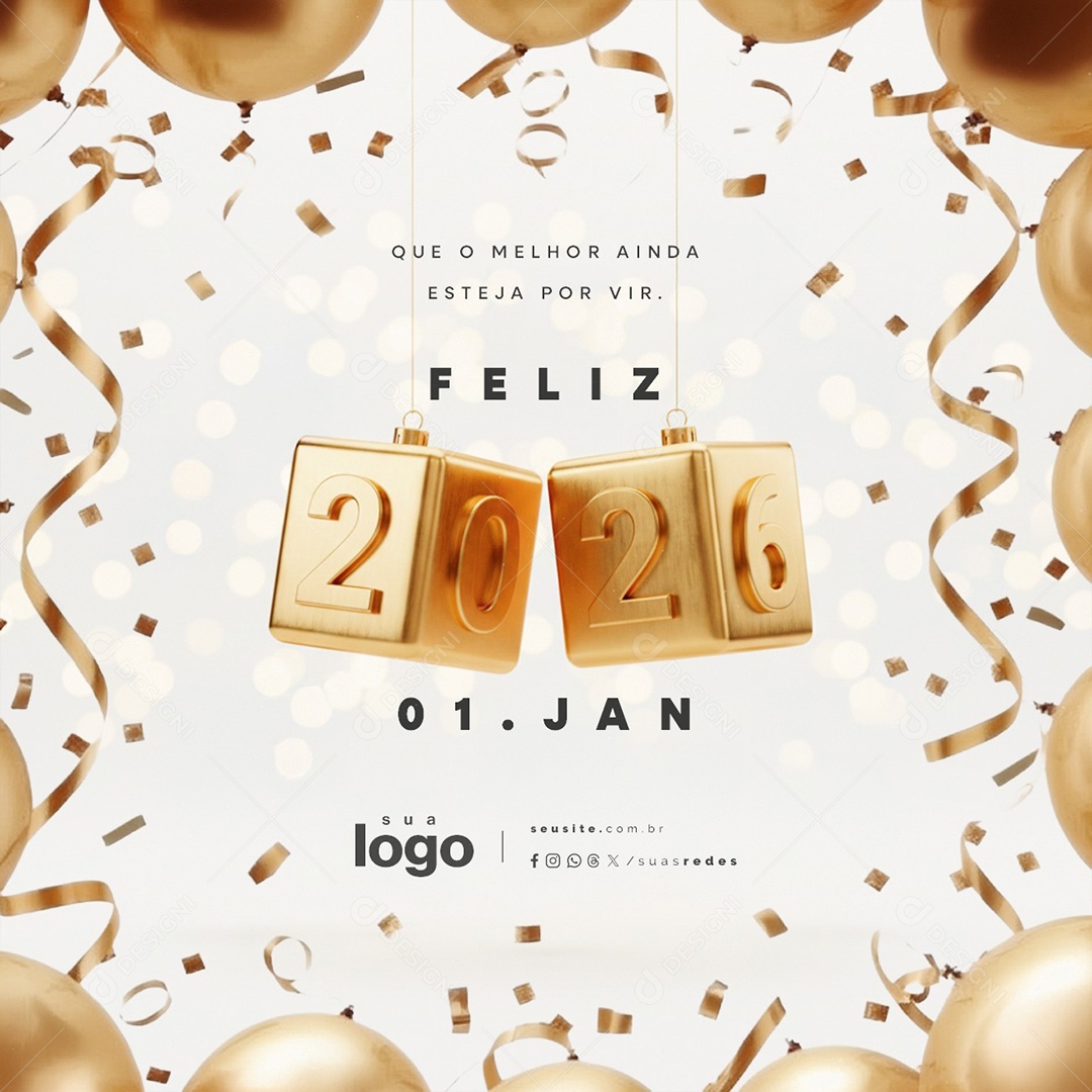 Feliz Ano Novo 01 de Janeiro Feliz 2026 Social Media PSD Editável
