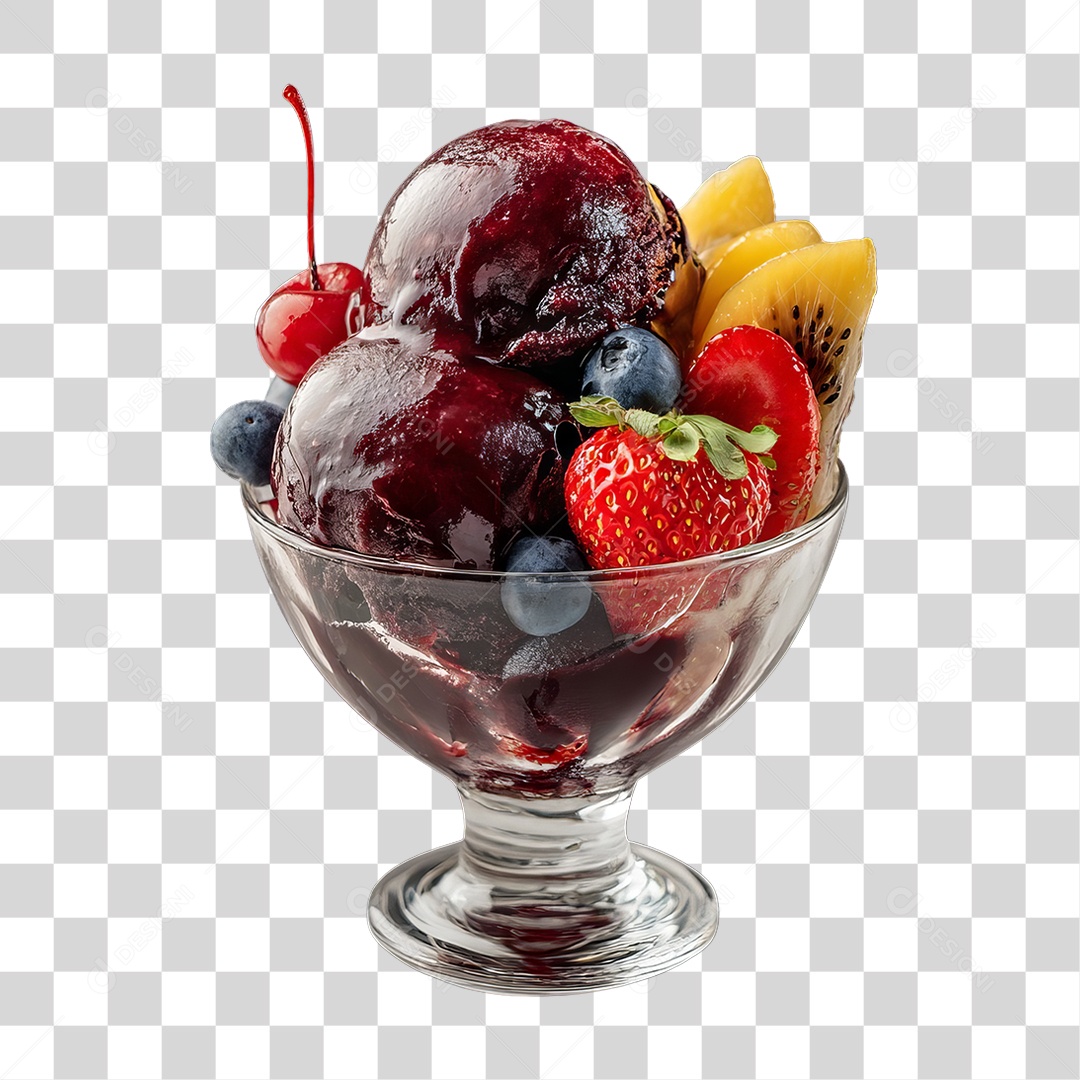 Taça com Sorvete e Frutas PNG Transparente