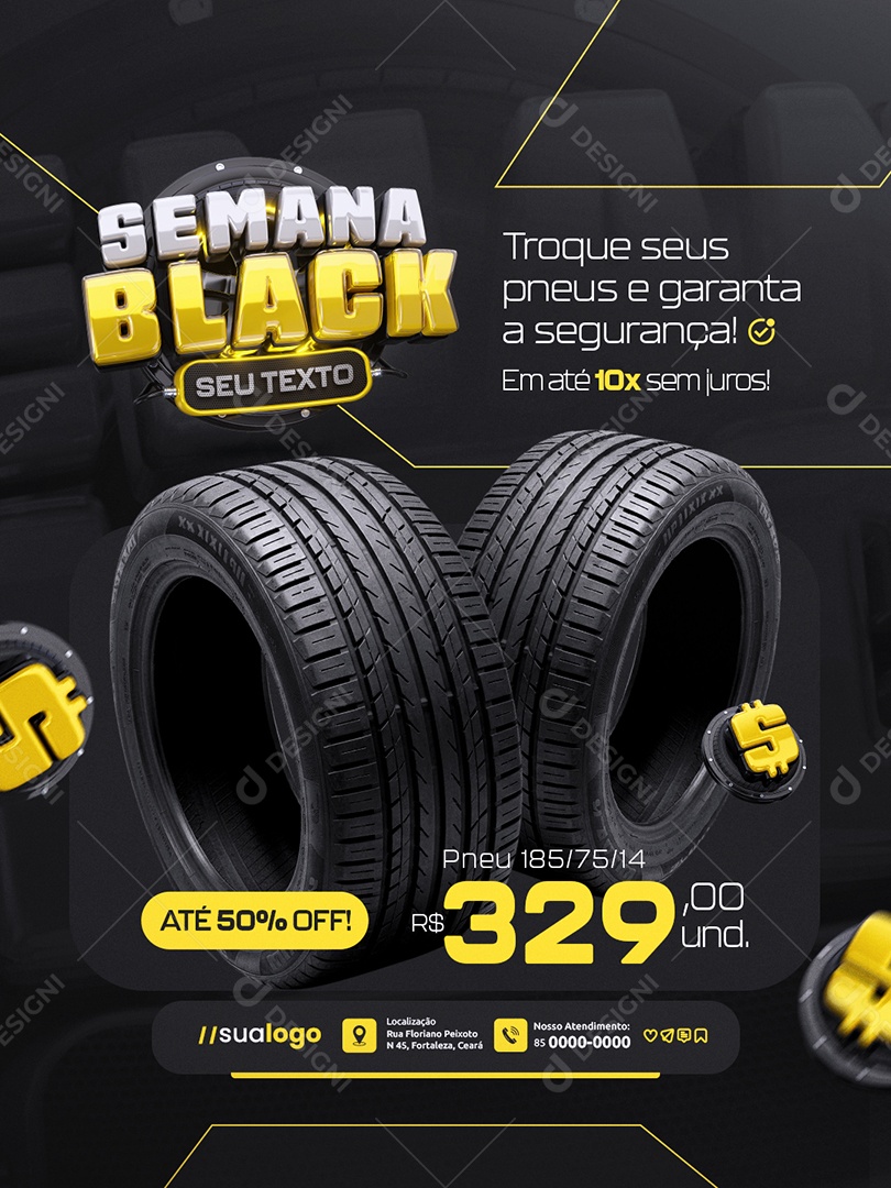 Semana Black Loja de Pneus Até 50% Off Pneu Social Media PSD Editável