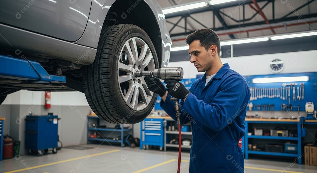 Mecânico fazendo uma manutenção completa em um carro sob uma oficina.