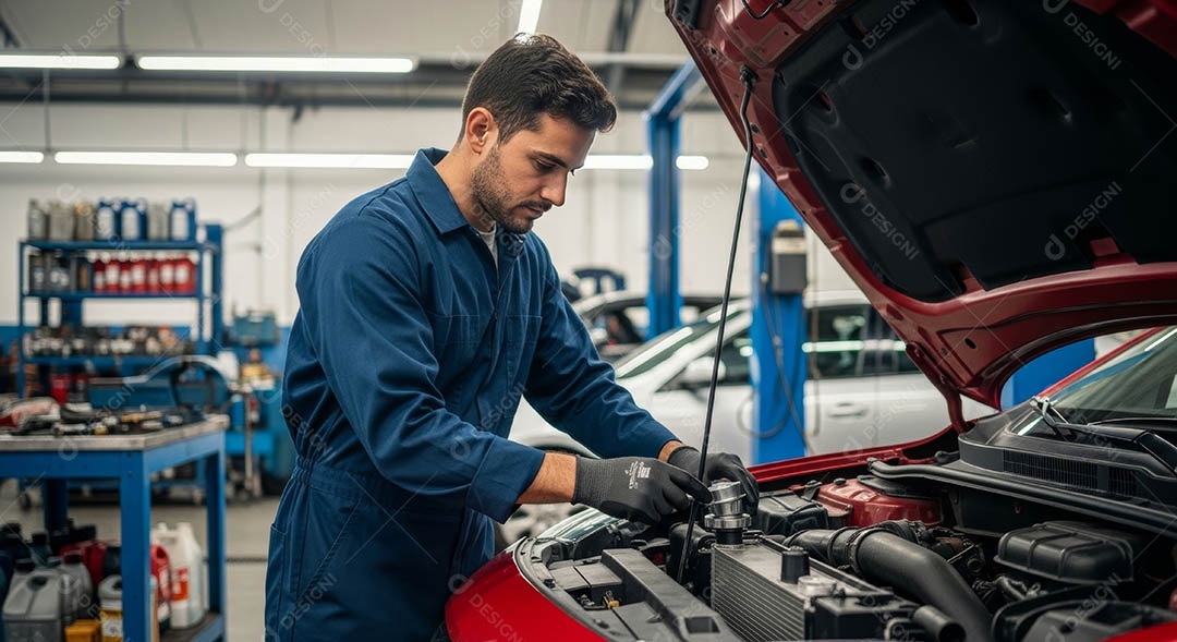 Mecânico fazendo uma manutenção completa em um carro sob uma oficina.