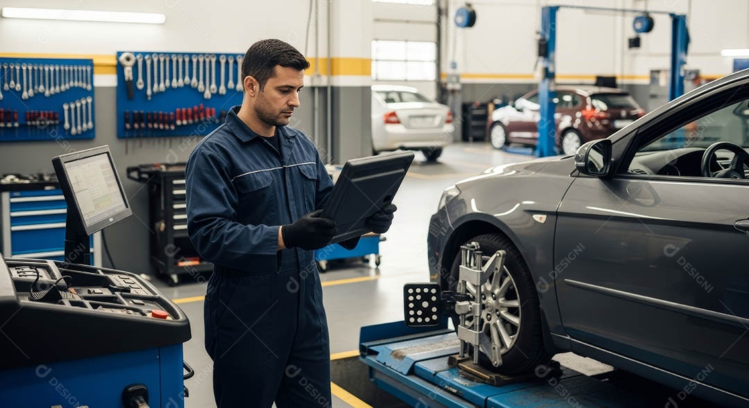 Mecânico fazendo uma manutenção completa em um carro sob uma oficina.