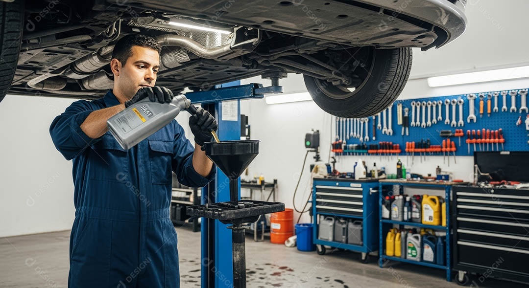 Mecânico fazendo uma manutenção completa em um carro sob uma oficina.
