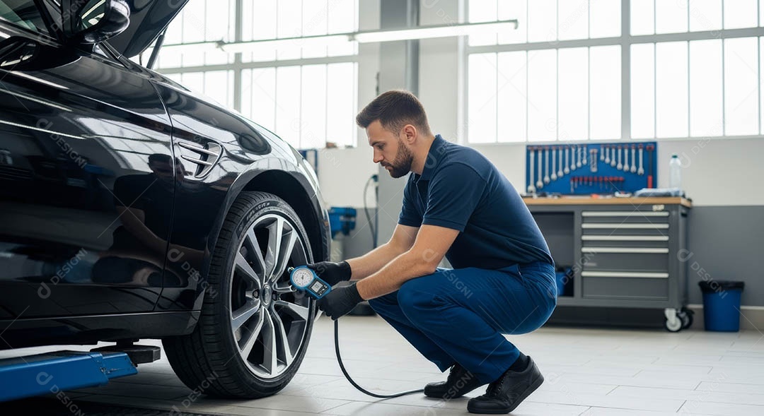 Mecânico fazendo uma manutenção completa em um carro sob uma oficina.