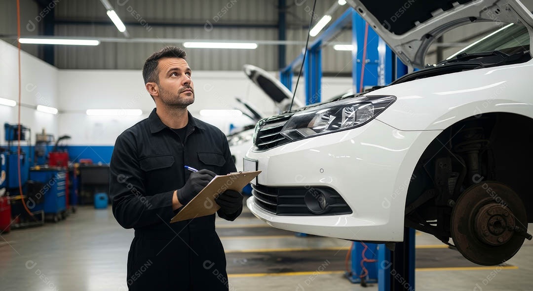 Mecânico fazendo uma manutenção completa em um carro sob uma oficina.