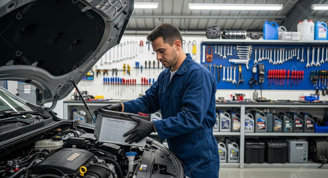 Mecânico fazendo uma manutenção completa em um carro sob uma oficina.
