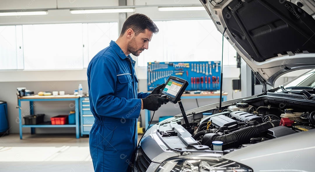 Mecânico fazendo uma manutenção completa em um carro sob uma oficina.