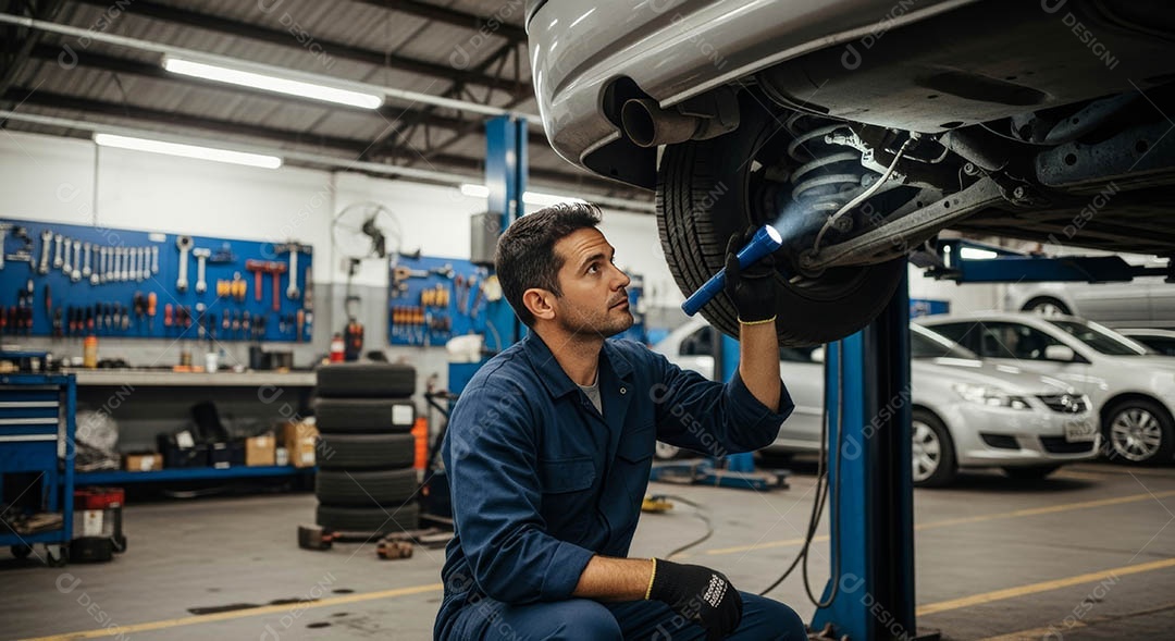 Mecânico fazendo uma manutenção completa em um carro sob uma oficina.