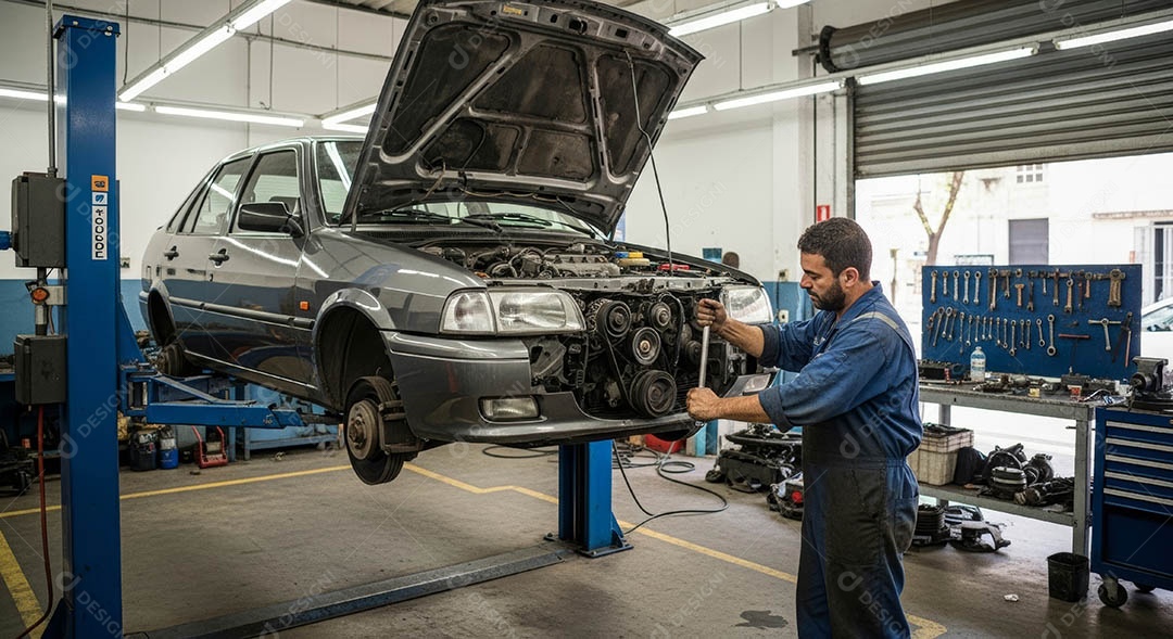 Mecânico fazendo uma manutenção completa em um carro sob uma oficina.