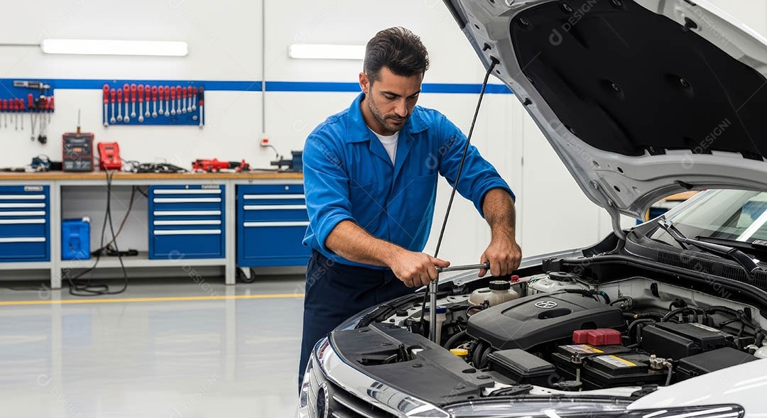 Mecânico fazendo uma manutenção completa em um carro sob uma oficina.