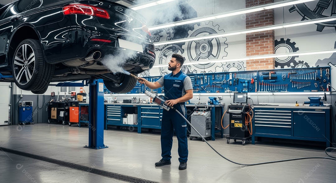 Mecânico fazendo uma manutenção completa em um carro sob uma oficina.