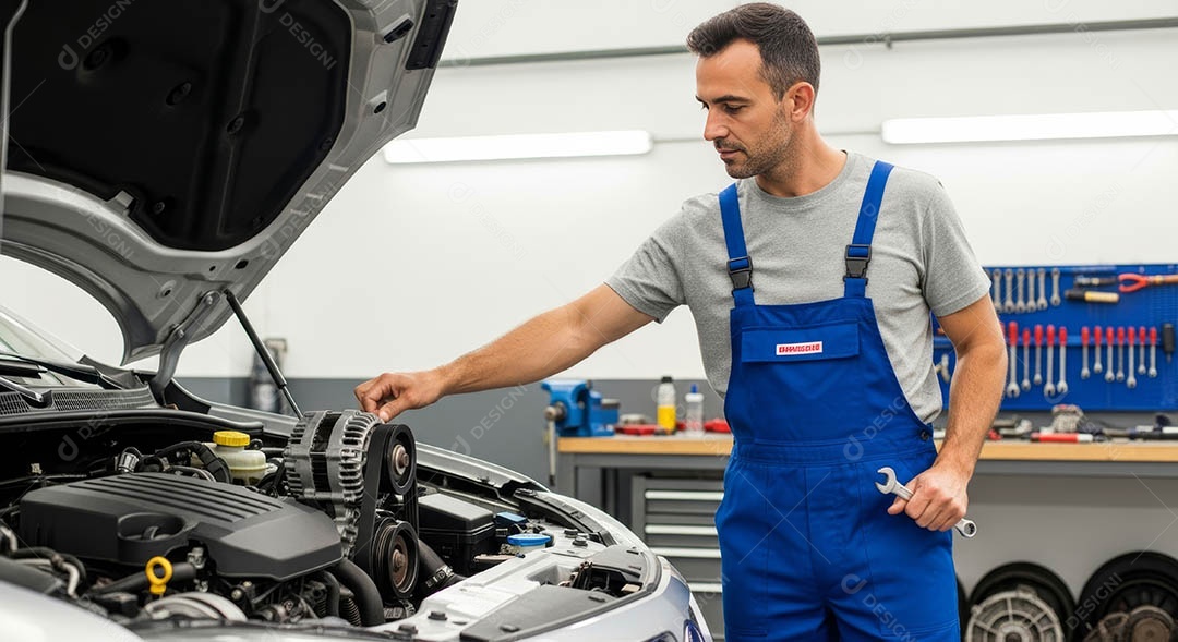 Mecânico fazendo uma manutenção completa em um carro sob uma oficina.