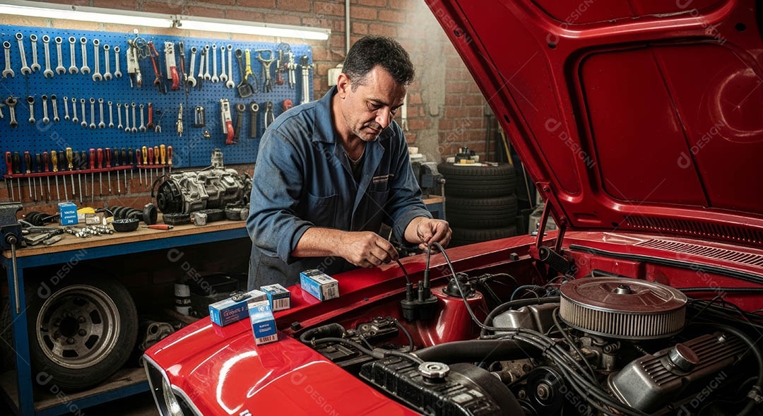 Mecânico fazendo uma manutenção completa em um carro sob uma oficina.