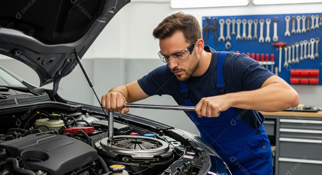 Mecânico fazendo uma manutenção completa em um carro sob uma oficina.