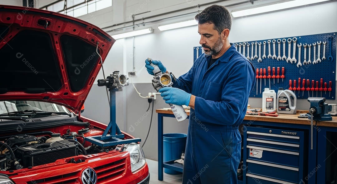 Mecânico fazendo uma manutenção completa em um carro sob uma oficina.