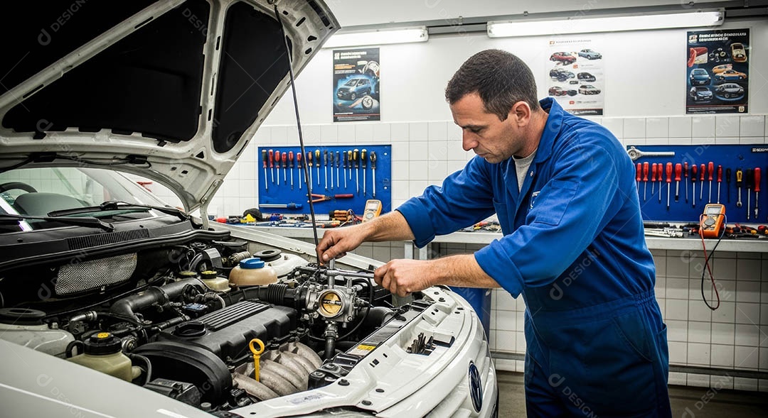 Mecânico fazendo uma manutenção completa em um carro sob uma oficina.