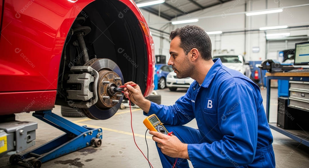Mecânico fazendo uma manutenção completa em um carro sob uma oficina.