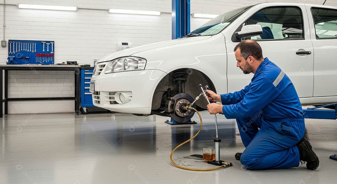 Mecânico fazendo uma manutenção completa em um carro sob uma oficina.