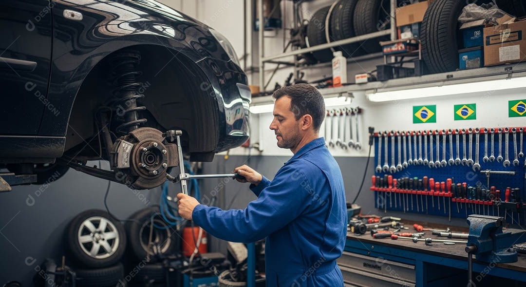 Mecânico fazendo uma manutenção completa em um carro sob uma oficina.