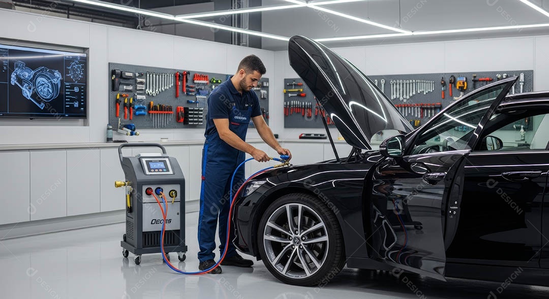 Mecânico fazendo uma manutenção completa em um carro sob uma oficina.