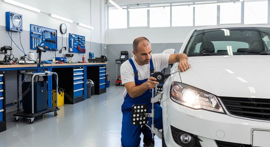 Mecânico fazendo uma manutenção completa em um carro sob uma oficina.