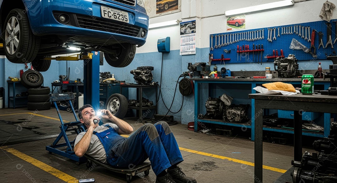 Mecânico fazendo uma manutenção completa em um carro sob uma oficina.