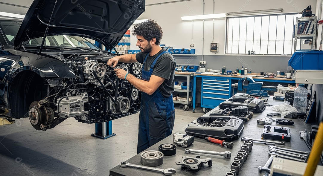 Mecânico fazendo uma manutenção completa em um carro sob uma oficina.