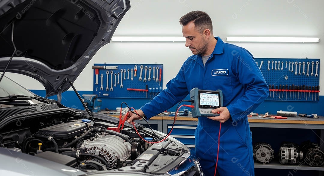Mecânico fazendo uma manutenção completa em um carro sob uma oficina.