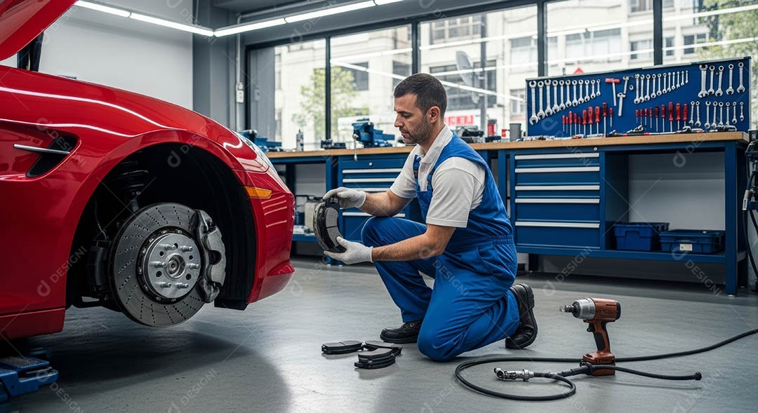 Mecânico fazendo uma manutenção completa em um carro sob uma oficina.