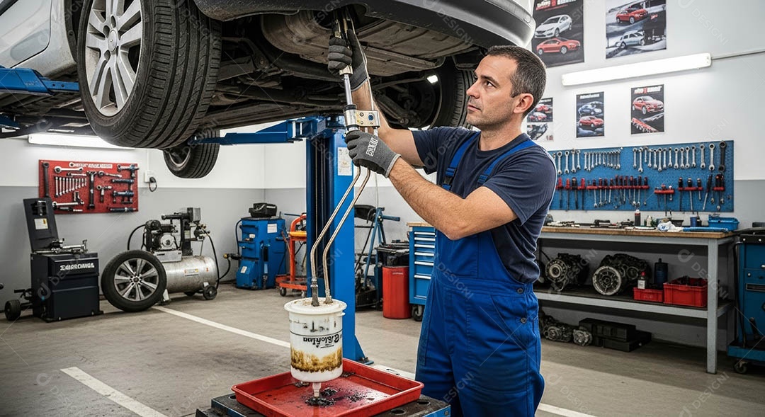 Mecânico fazendo uma manutenção completa em um carro sob uma oficina.